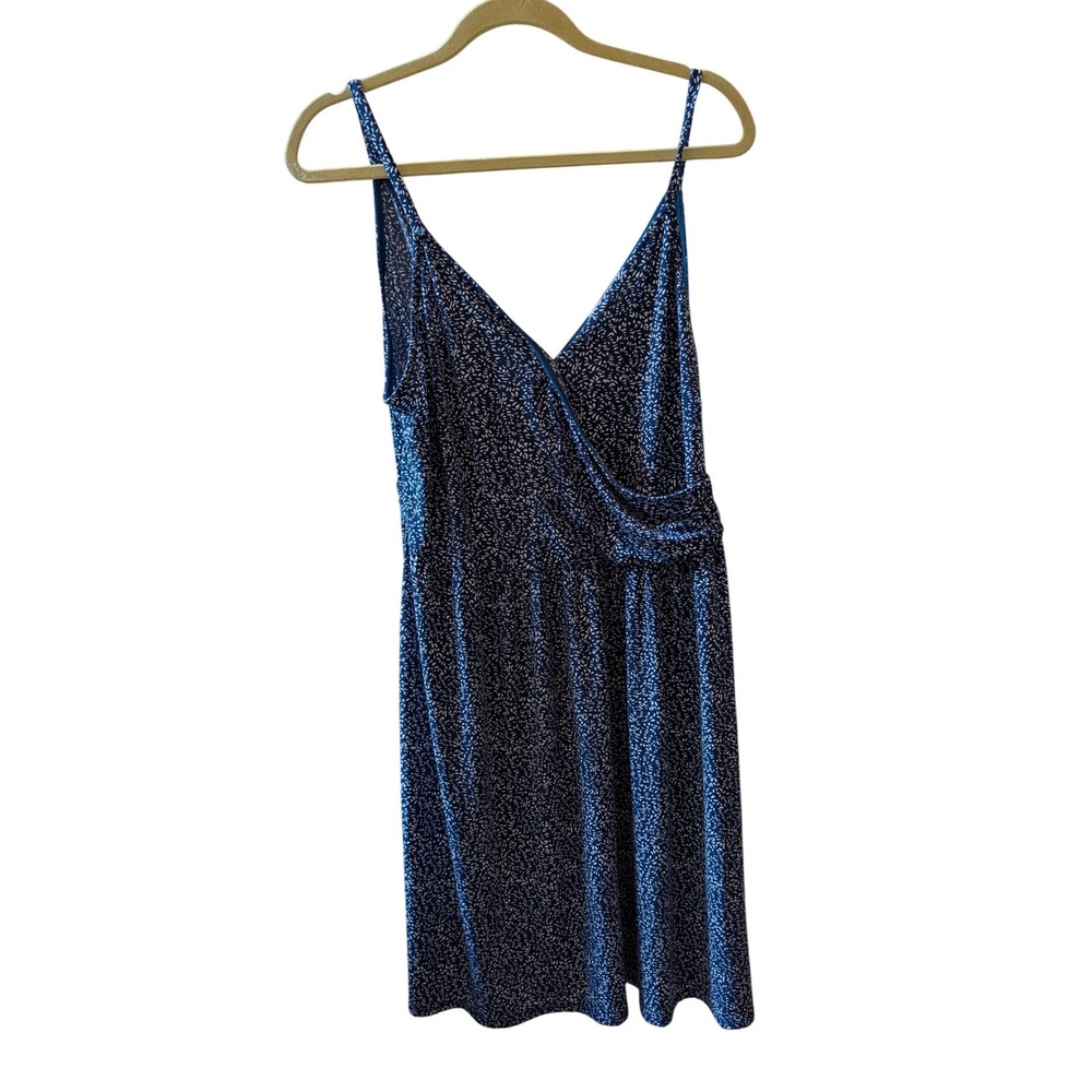 Kaileigh Womens 1X Navy Blue White Ditsy Floral Faux Wrap‎ Spaghetti Strap Dress